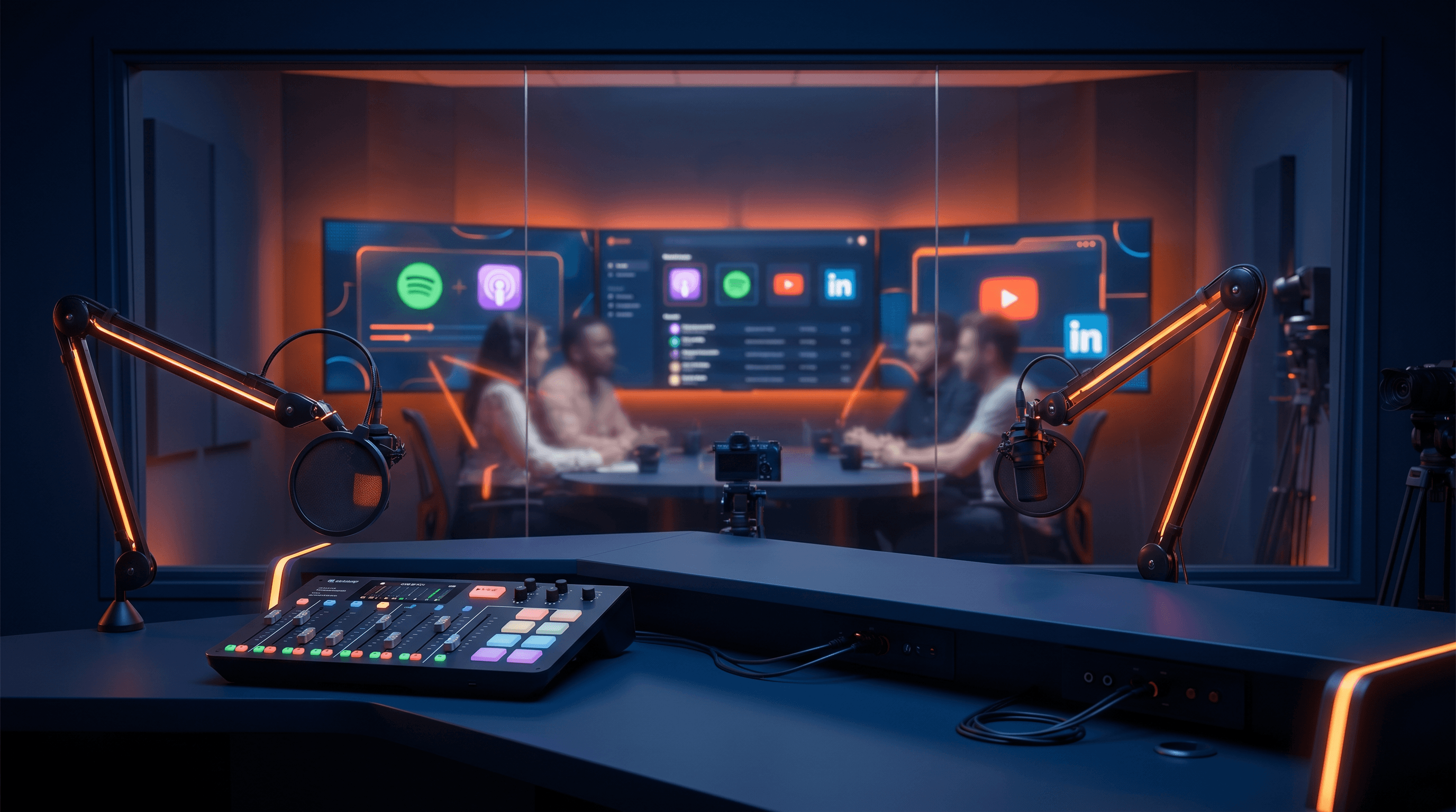 Setup studio podcast vidéo professionnel avec caméra et micros