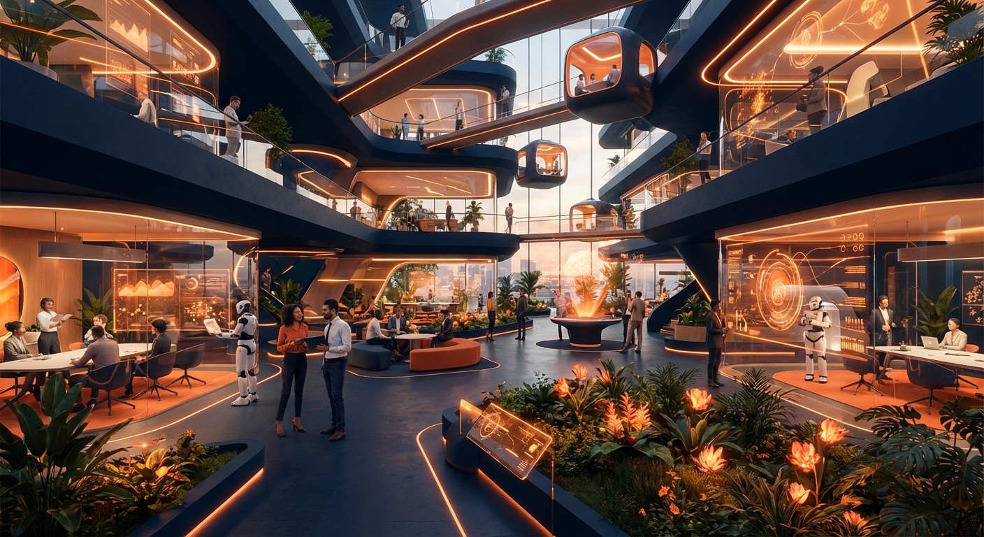 Espace de travail collaboratif moderne, lumière naturelle, mobilier modulable