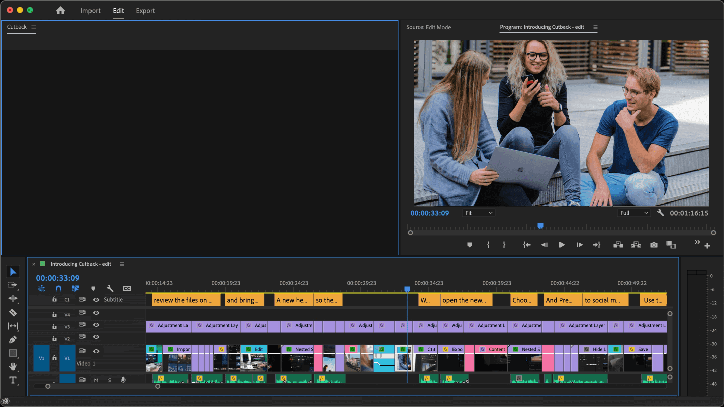 Interface du plugin Cutback pour Adobe Premiere Pro