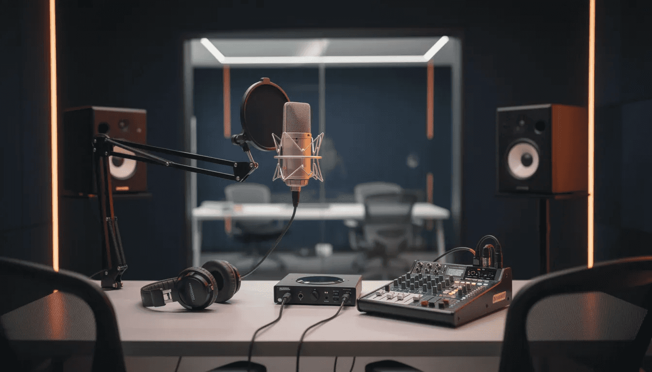 Un bureau moderne équipé d'outils professionnels d'enregistrement audio, tels que des microphones et des dispositifs de monitoring sonore, dans des teintes de bleu nuit profond et d'orange vif. Cet environnement de travail illustre les ressources nécessaires à la production audiovisuelle pour la marque employeur.