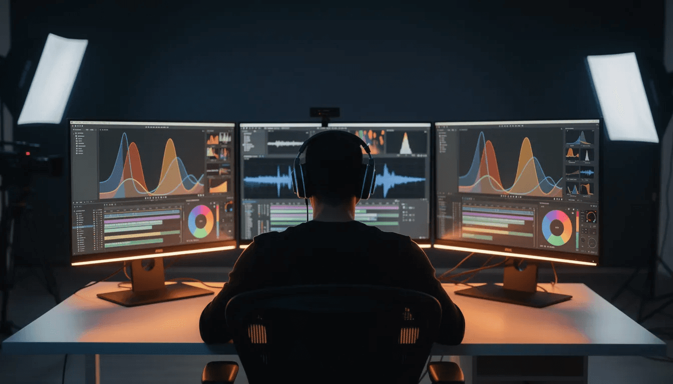 Un éditeur vidéo concentré sur plusieurs écrans, où l'on peut voir une timeline et des outils de correction colorimétrique, illustrant le processus créatif de la post-production audiovisuelle au service de la marque employeur.