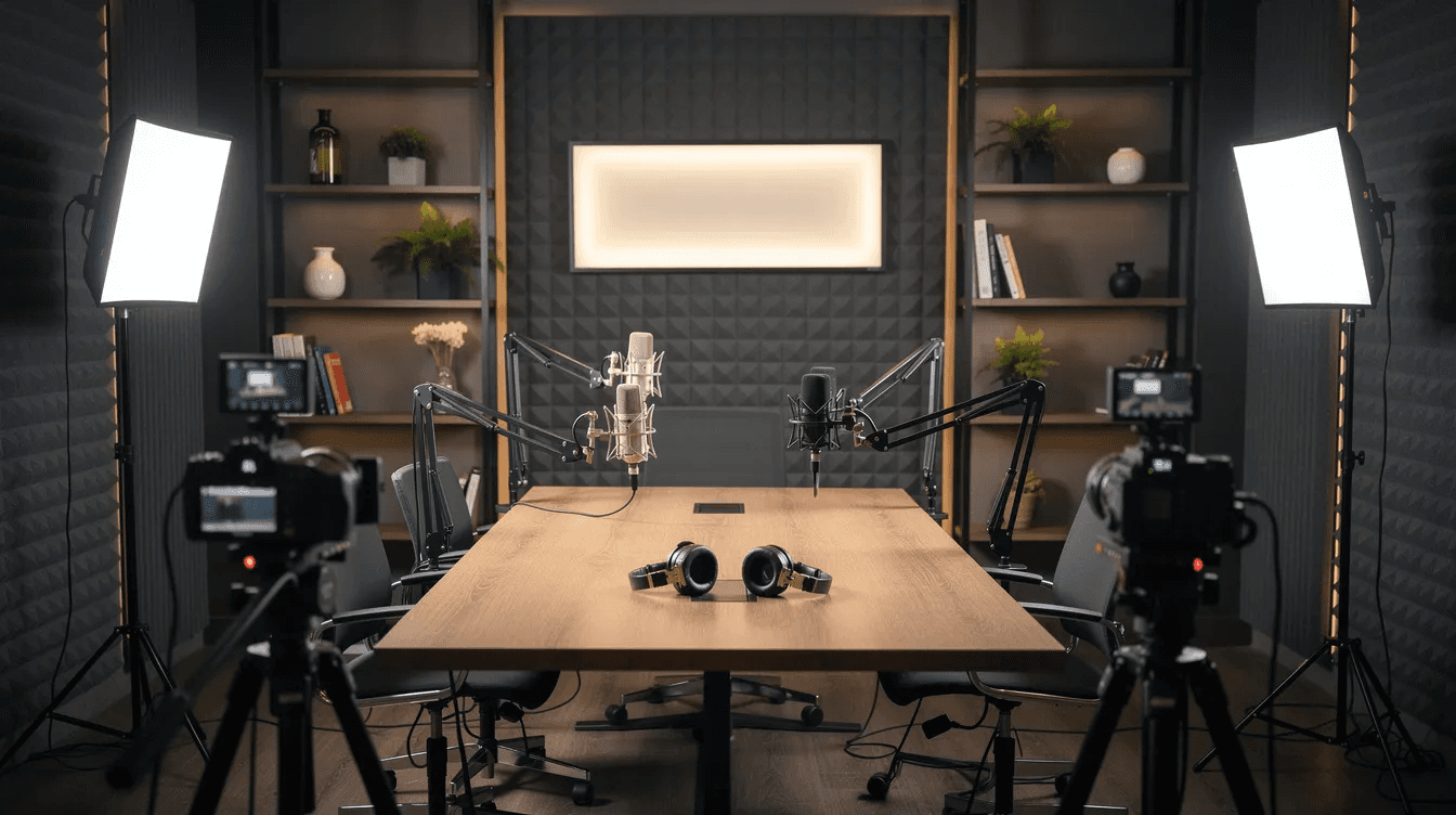 Plateau de podcast professionnel équipé de plusieurs caméras et d'un décor soigné, pour capturer des échanges dynamiques
