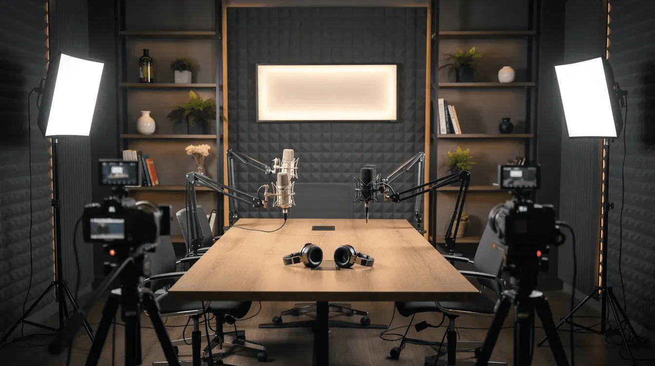 Plateau de podcast professionnel équipé de plusieurs caméras et d'un décor soigné, pour capturer des échanges dynamiques