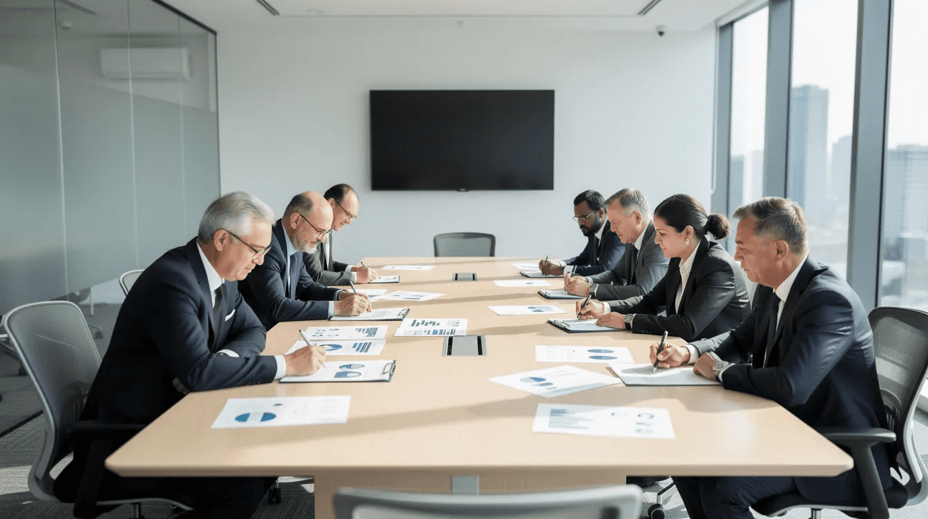 Salle de réunion moderne où des cadres dirigeants examinent des documents, collaboration et communication au cœur d'un projet vidéo réussi