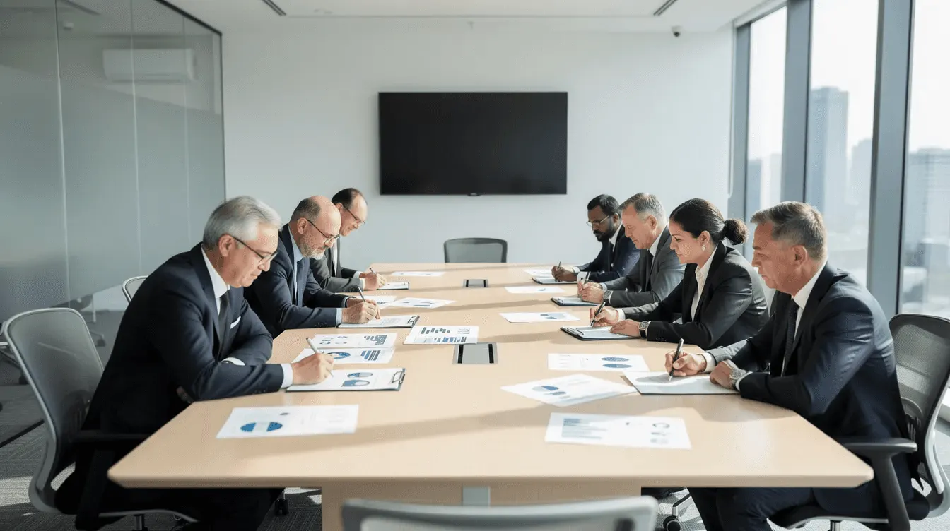 Salle de réunion moderne où des cadres dirigeants examinent des documents, collaboration et communication au cœur d'un projet vidéo réussi