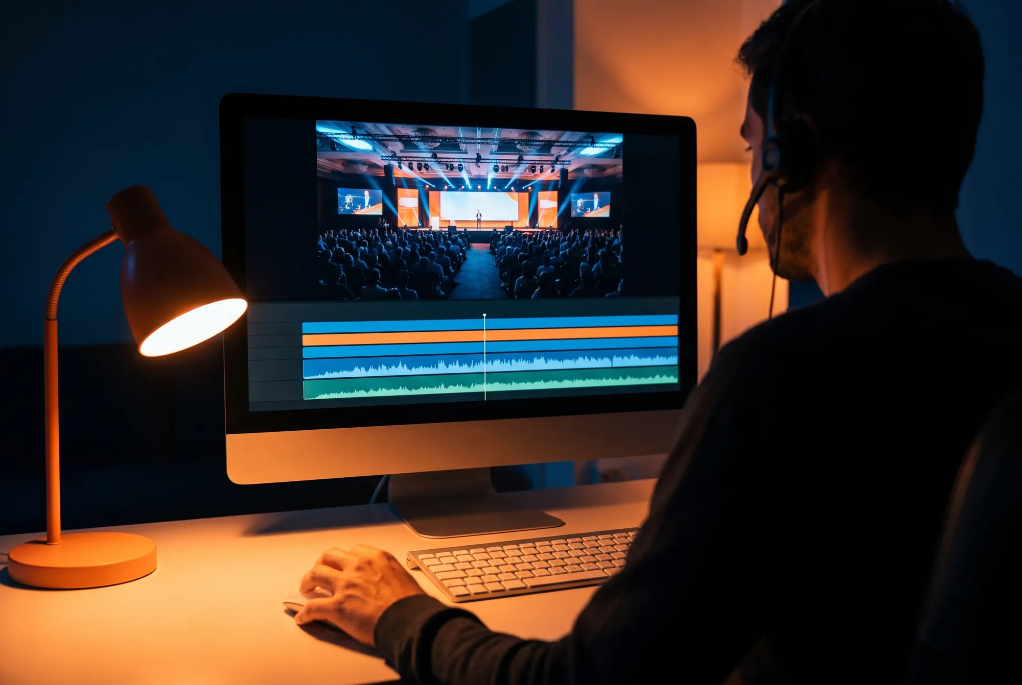 Monteur au casque qui assemble l’aftermovie d’une convention : image de la scène et timeline de montage à l’écran