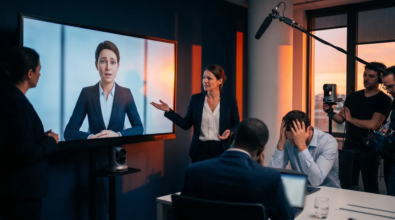 Salle de réunion au crépuscule : une formatrice échange avec un avatar affiché sur un grand écran pendant qu'un collaborateur, tête entre les mains, joue une scène filmée par une petite équipe