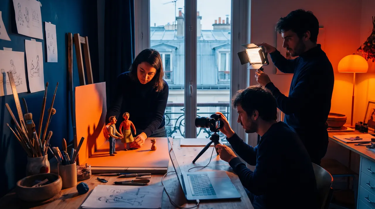 Une animatrice place des figurines en pâte à modeler sur un décor orange pendant qu'un opérateur cadre avec un appareil photo sur mini trépied, dans un appartement parisien aux murs bleu nuit