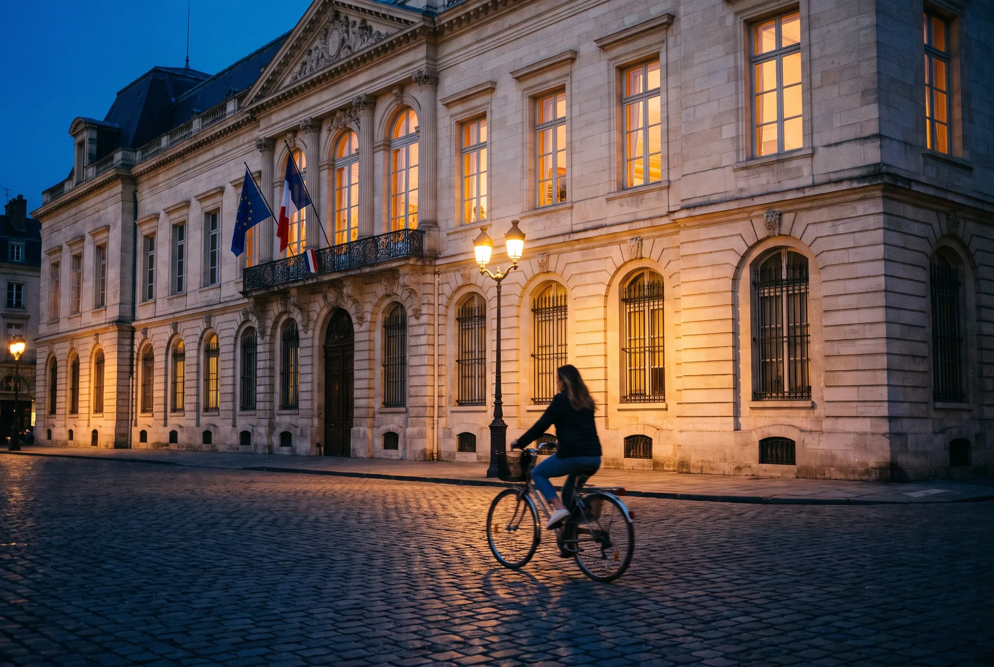 Façade en pierre d’un hôtel de ville français au crépuscule, fenêtres éclairées et cycliste traversant la place pavée