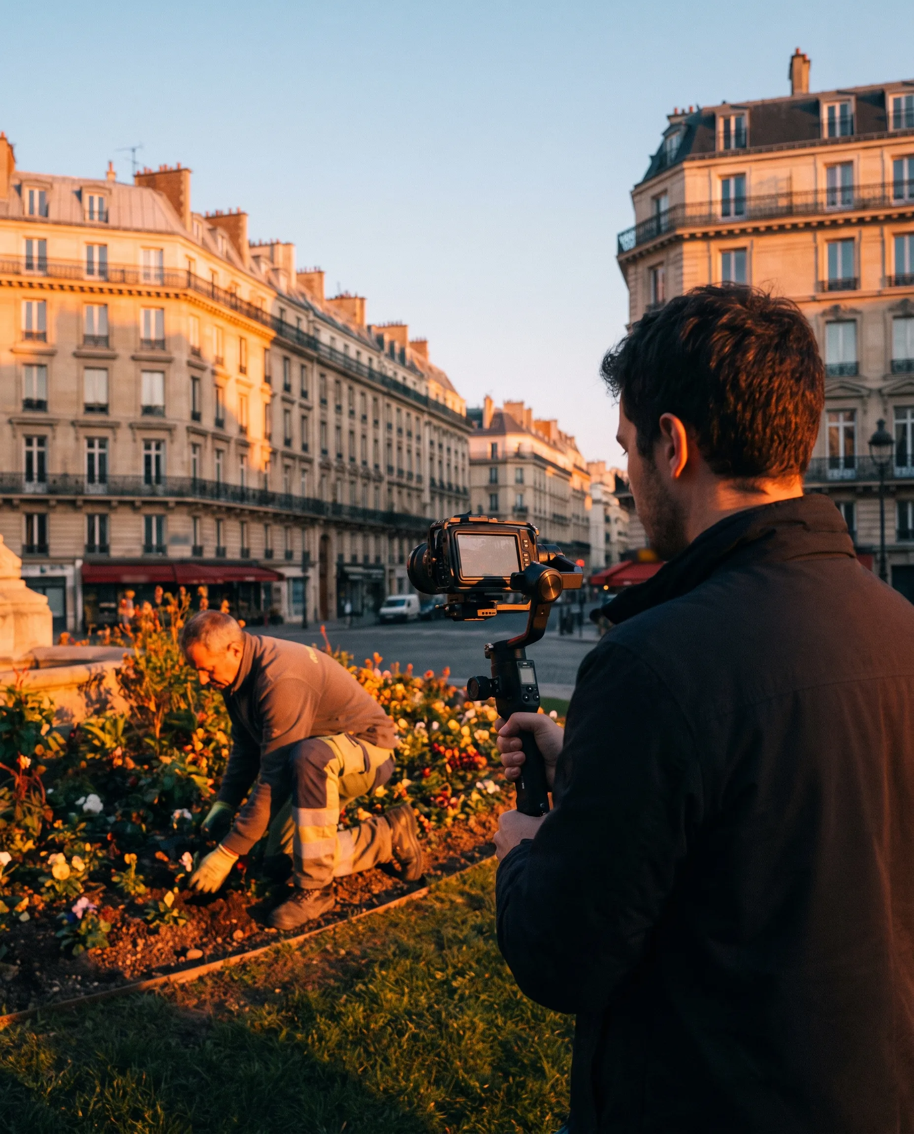 Vidéaste avec stabilisateur filmant un jardinier municipal qui plante des fleurs dans un square parisien au lever du jour
