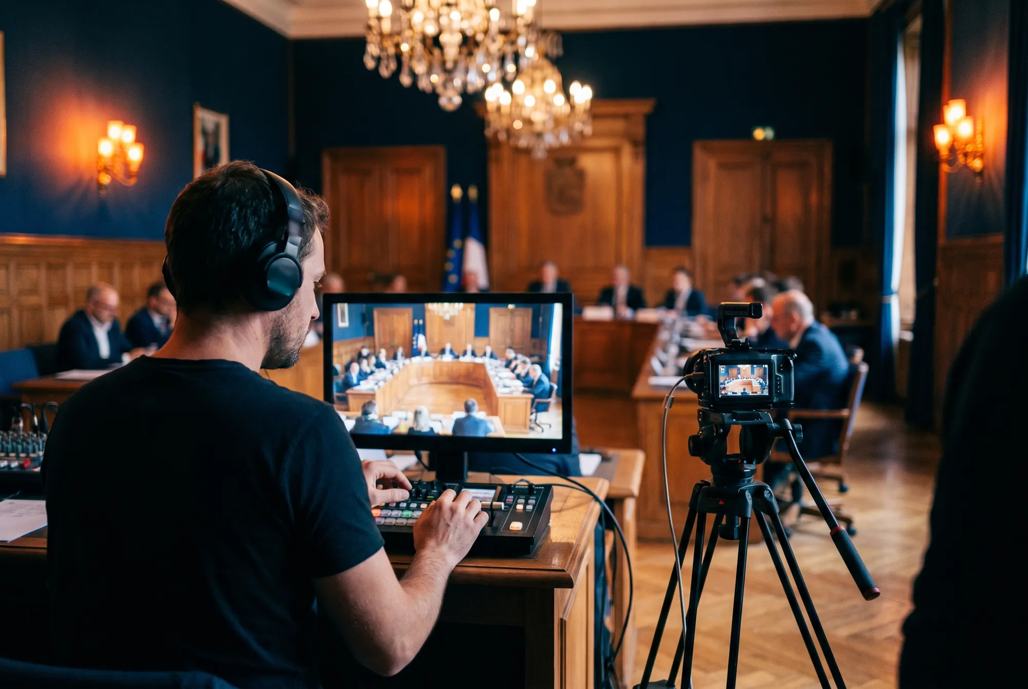 Technicien au casque devant une régie vidéo retransmettant en direct une séance de conseil municipal sous les lustres