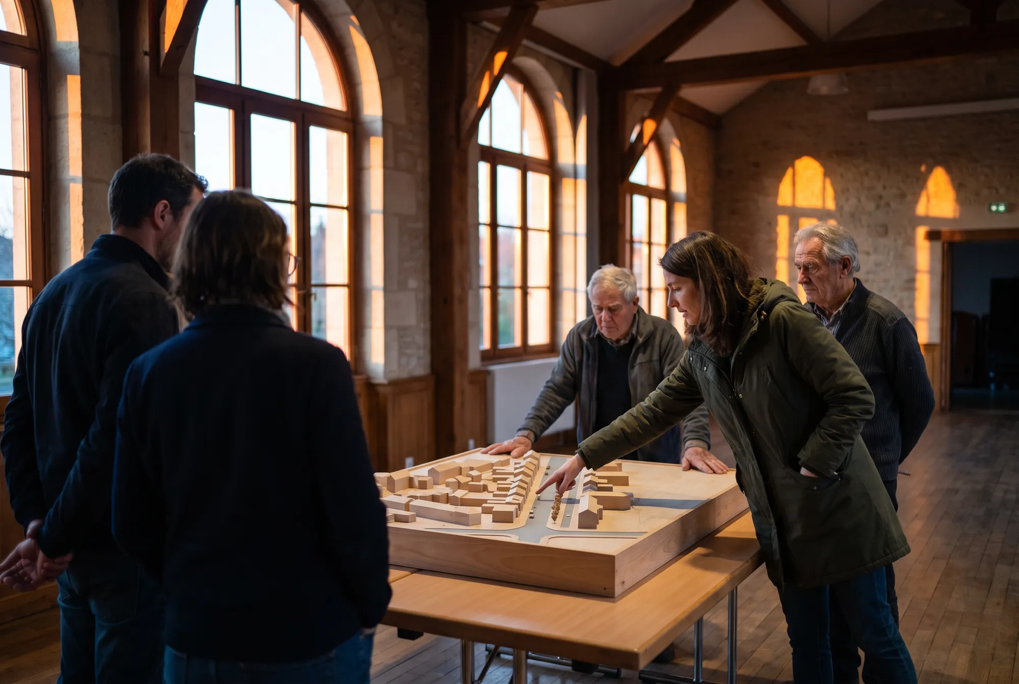 Habitants réunis autour de la maquette en bois d’un projet de quartier, une femme désigne une rue pendant l’atelier de concertation