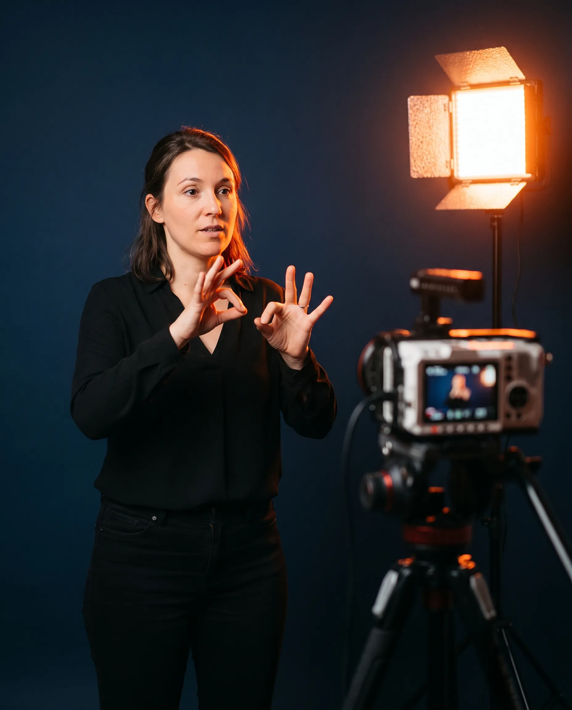 Interprète en langue des signes filmée devant un fond bleu nuit, caméra sur trépied et projecteur LED orangé