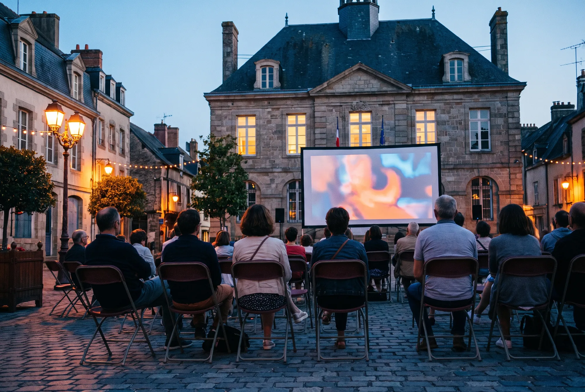 Habitants assis de dos sur des chaises pliantes devant un écran de cinéma en plein air, sur la place d’une mairie à l’heure bleue