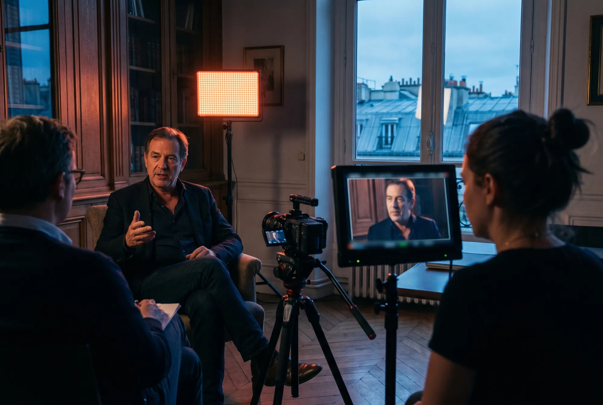 Interview d’un dirigeant d’assurance dans son bureau parisien, une opératrice surveille le cadrage sur le moniteur