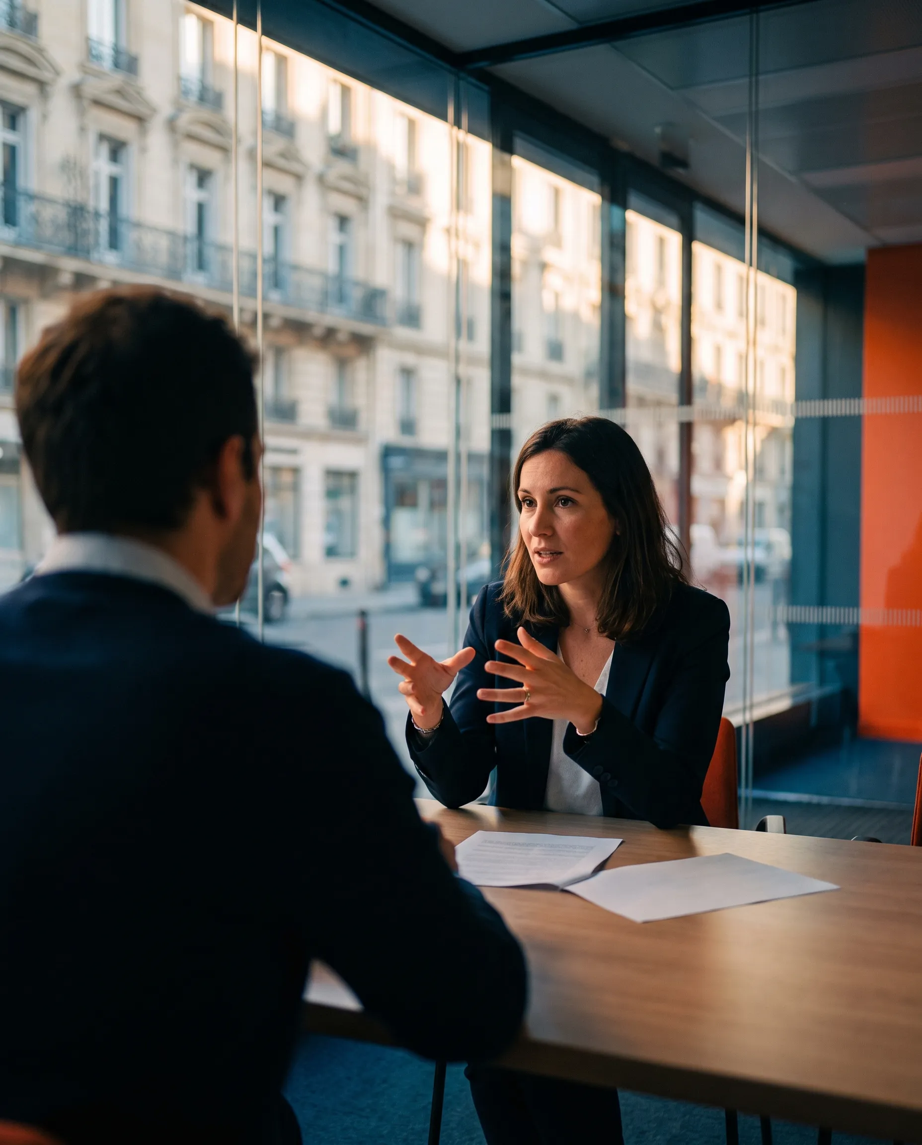 Conseillère bancaire expliquant un projet à un client lors d’un rendez-vous en agence, rue parisienne derrière la vitrine