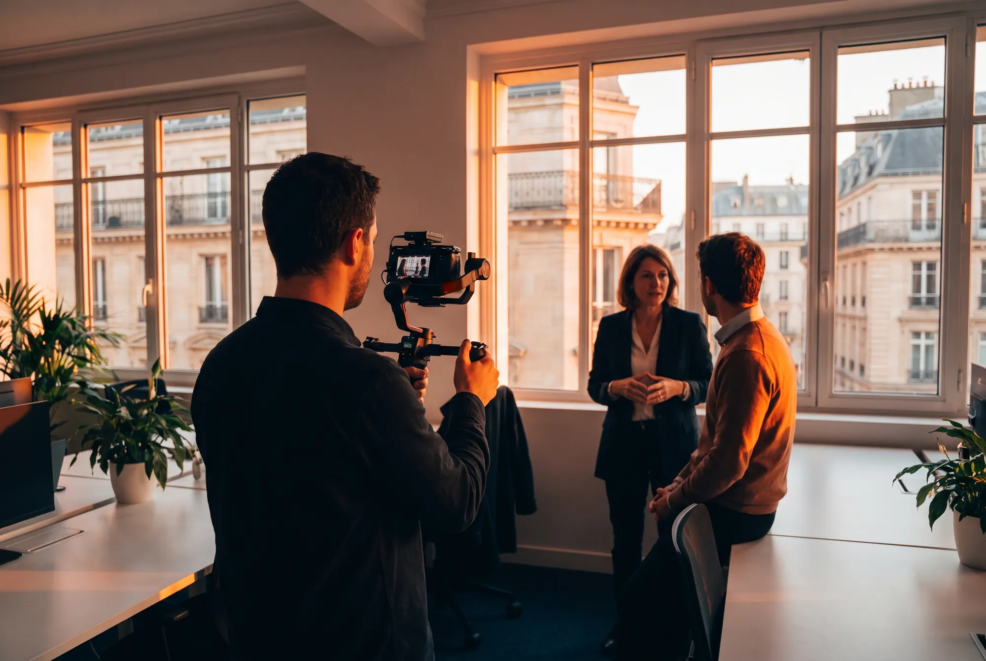 Vidéaste avec stabilisateur filmant une manager qui échange avec un collègue assis sur un bureau, dans un open space face aux toits parisiens