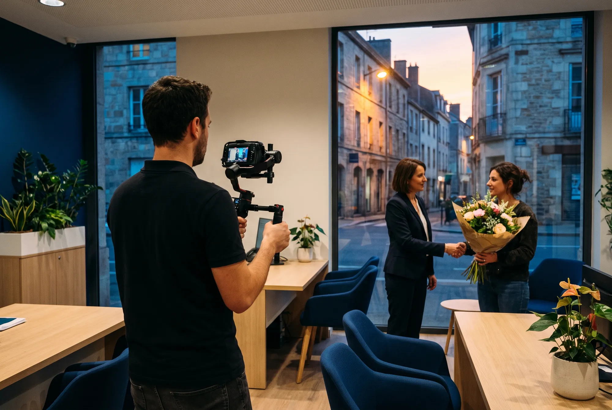 Vidéaste au stabilisateur filmant une conseillère qui accueille une fleuriste et son bouquet dans une agence bancaire de centre-ville