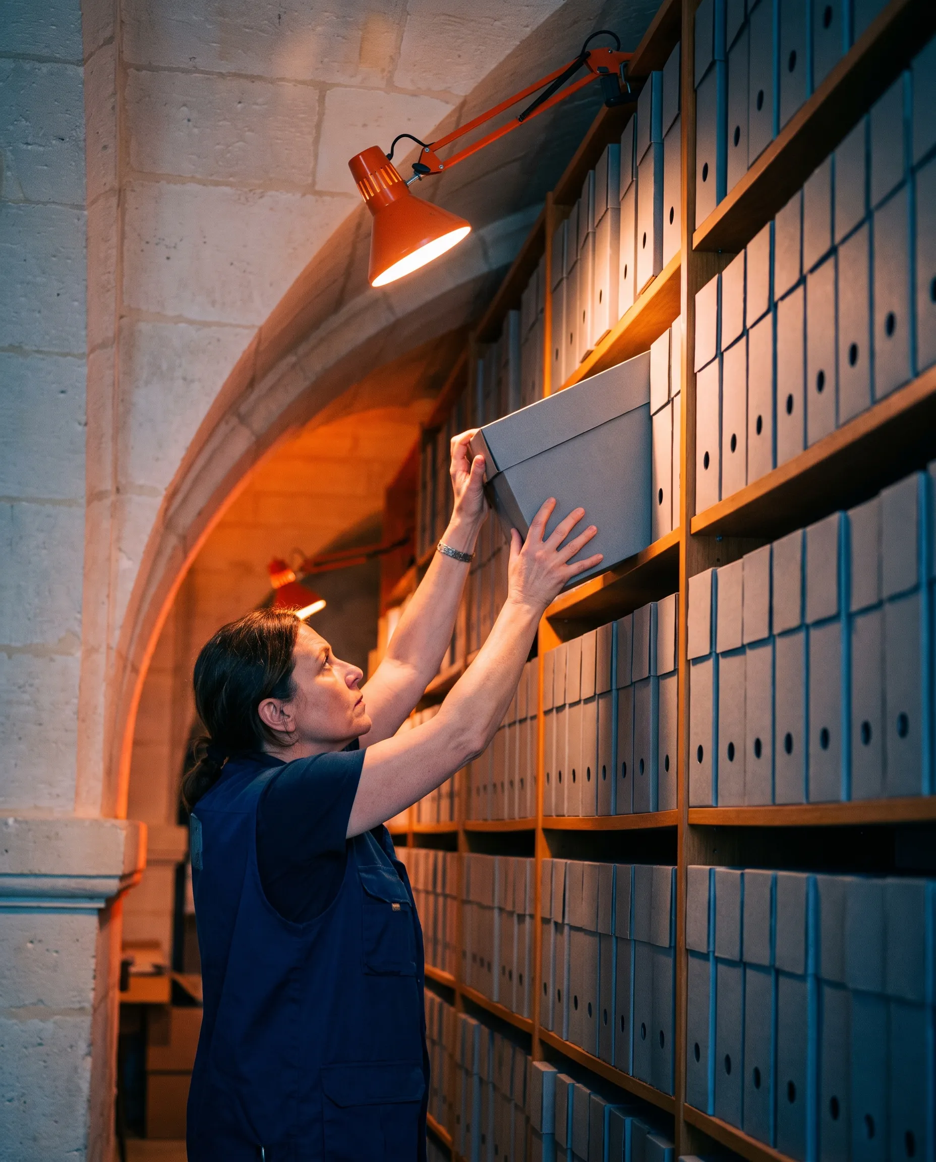 Archiviste en gilet bleu nuit sortant à deux mains une boîte d’archives d’un rayonnage en bois, dans une salle voûtée en pierre claire