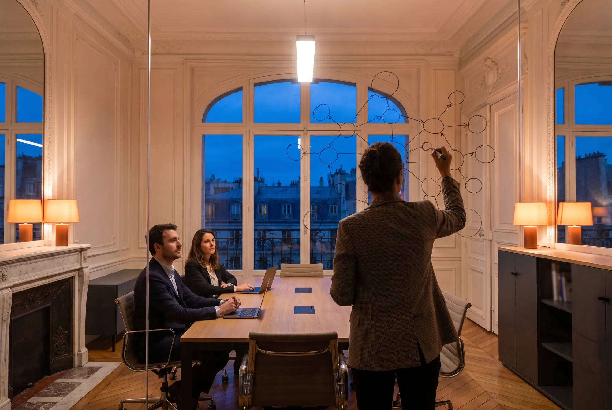 Data scientist d’un assureur traçant au feutre un schéma de réseau sur une paroi vitrée devant deux collègues, salle haussmannienne le soir
