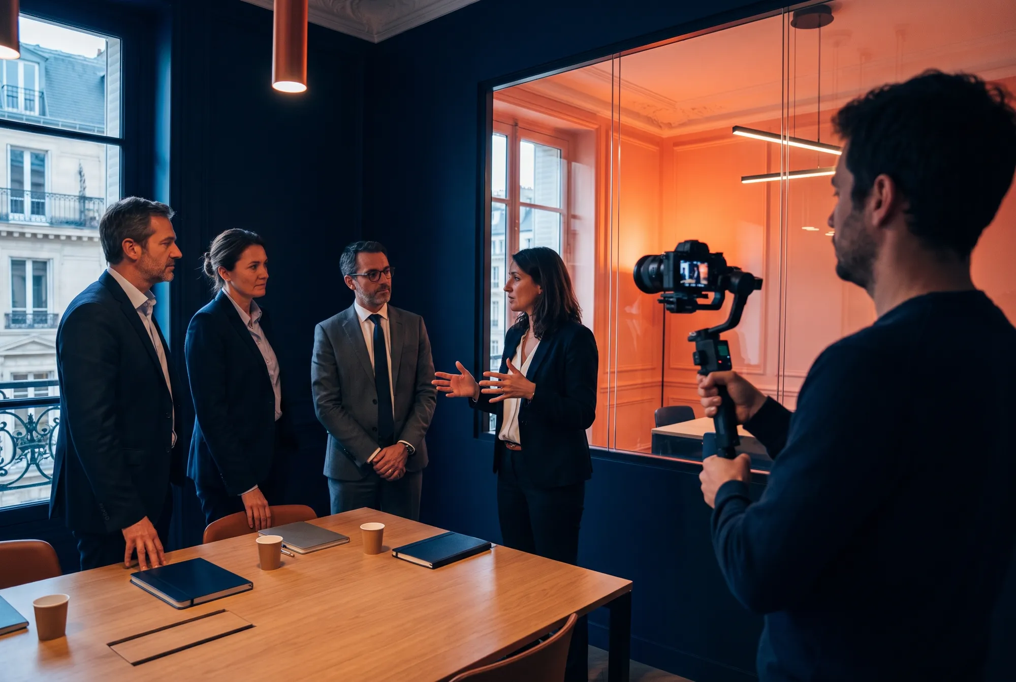 Vidéaste au stabilisateur filmant une animatrice qui guide un atelier de managers debout dans une salle de réunion