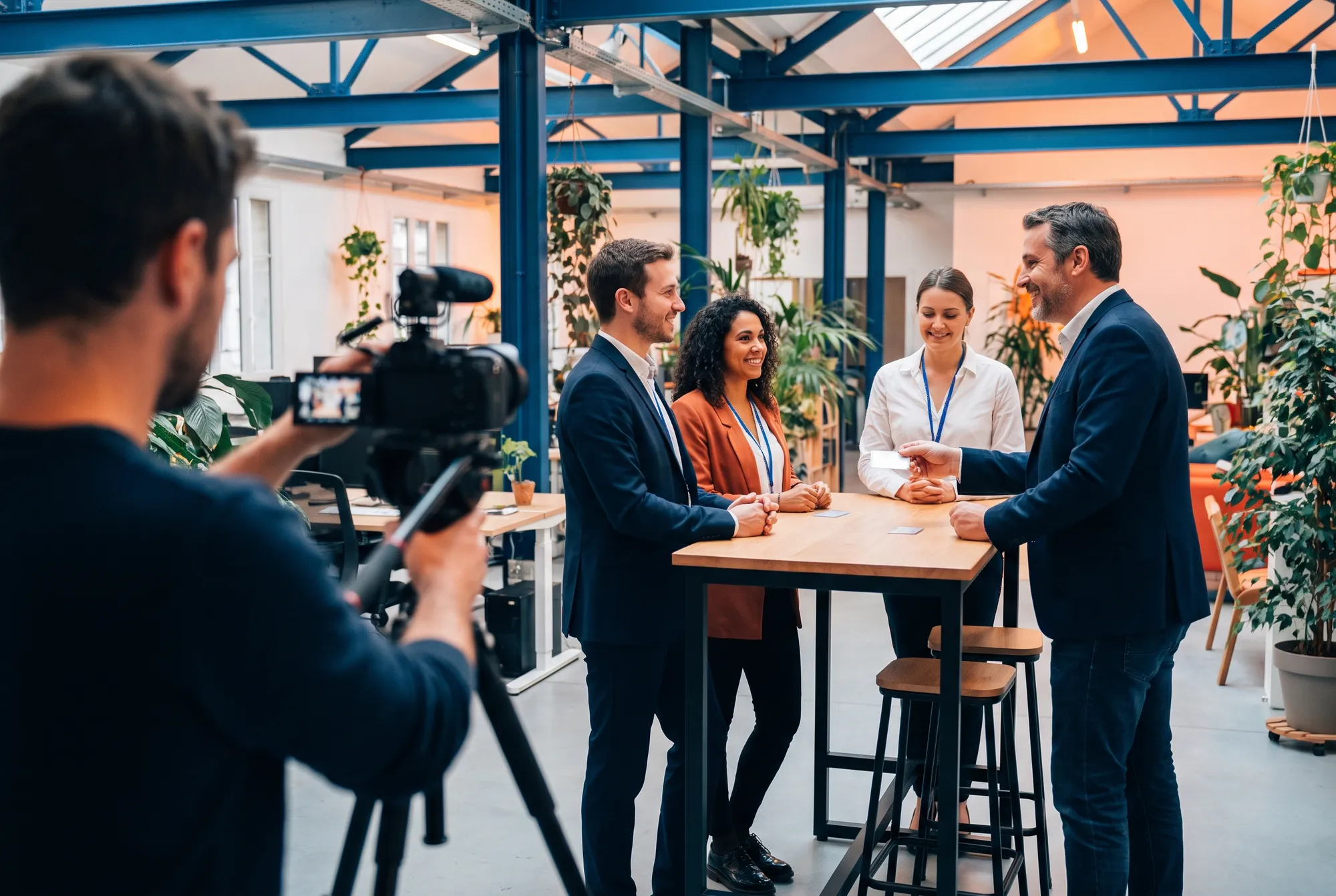 Manager remettant leur badge à trois nouveaux collaborateurs autour d’une table haute, filmé pendant leur journée d’accueil