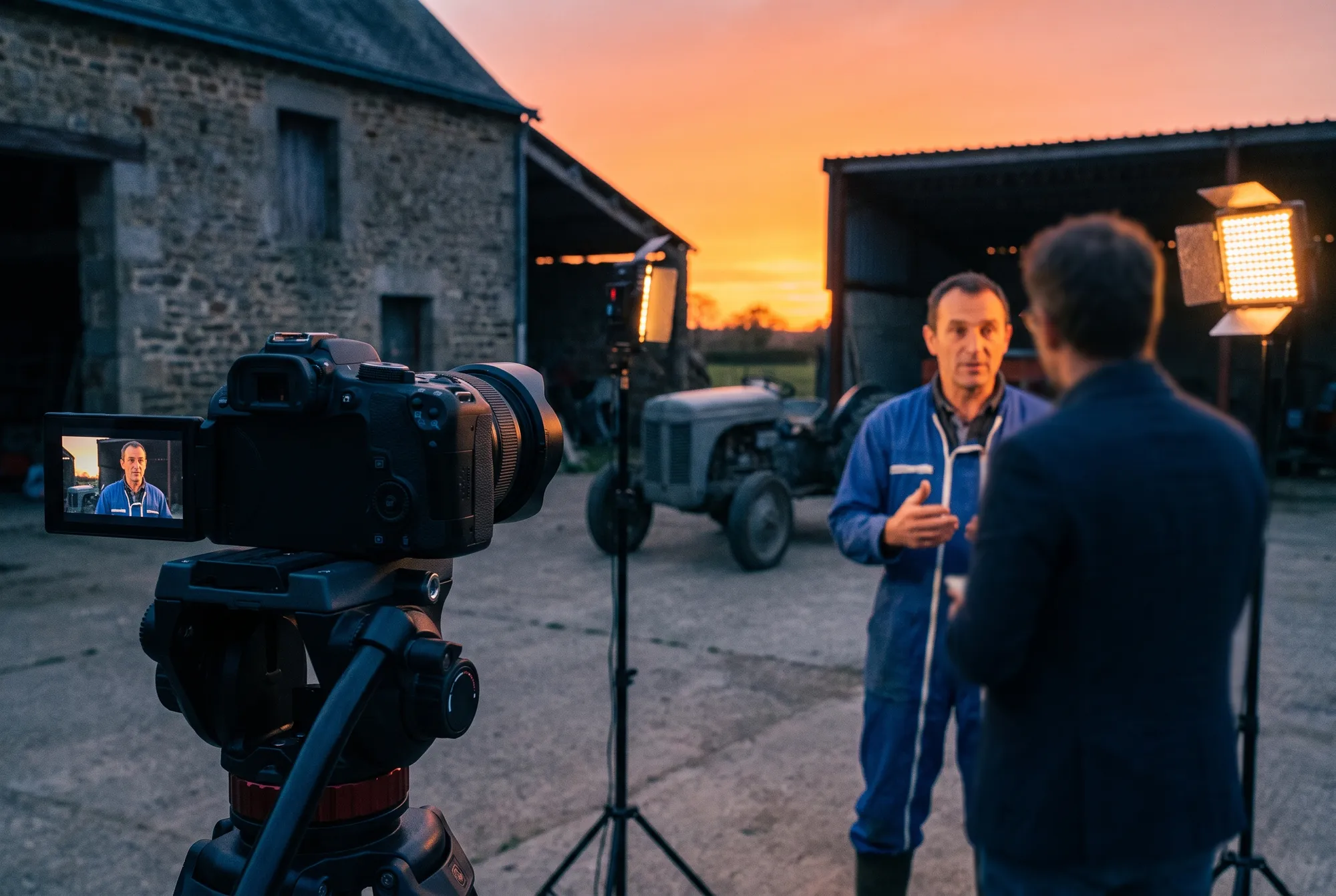 Interview d’un agriculteur en bleu de travail dans la cour de sa ferme au coucher du soleil, cadré par une caméra sur trépied et un panneau LED