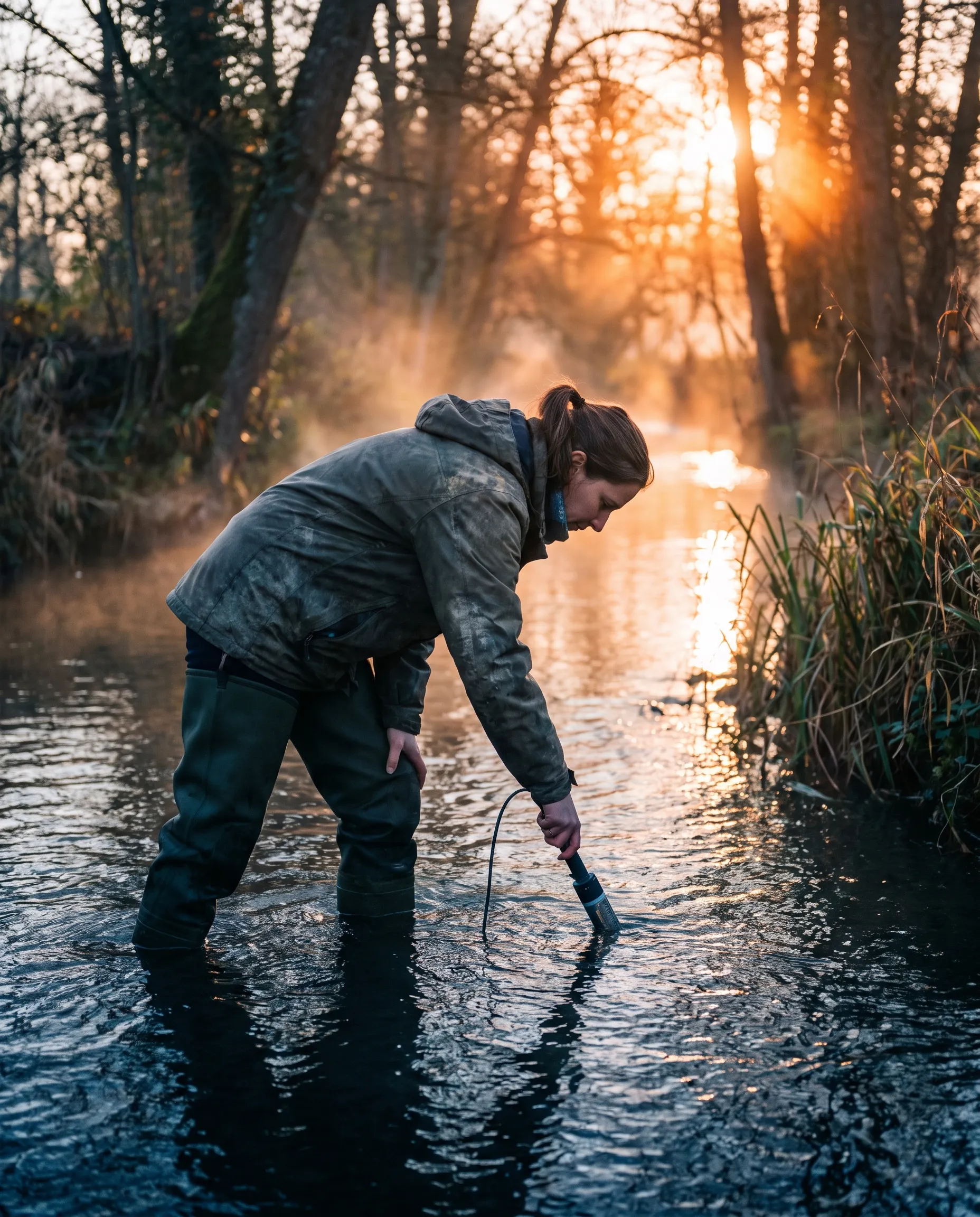Technicienne en cuissardes mesurant la qualité de l’eau d’une rivière avec une sonde, dans la brume du matin