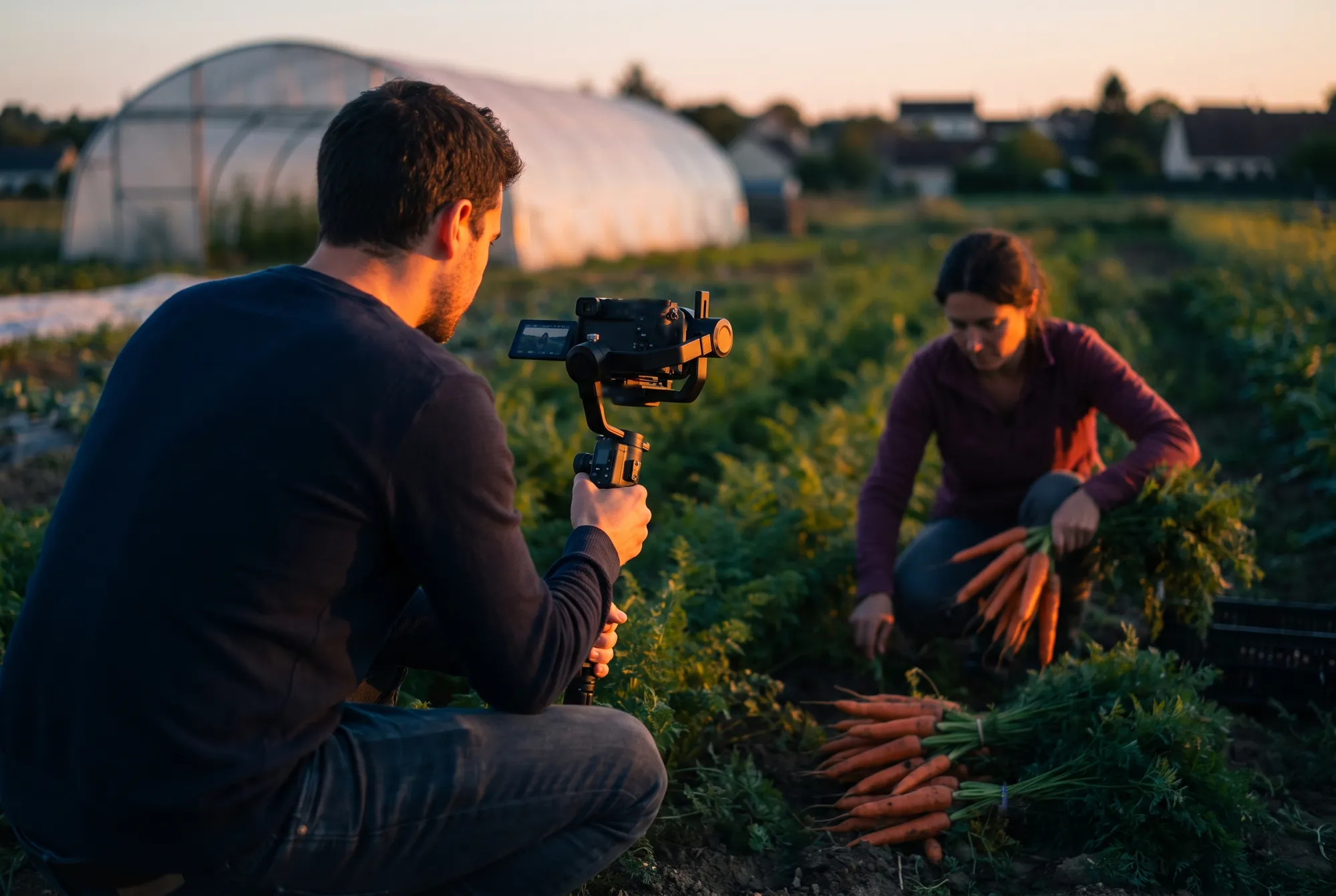 Vidéaste avec stabilisateur filmant une maraîchère qui récolte des carottes dans un rang de légumes au soleil couchant