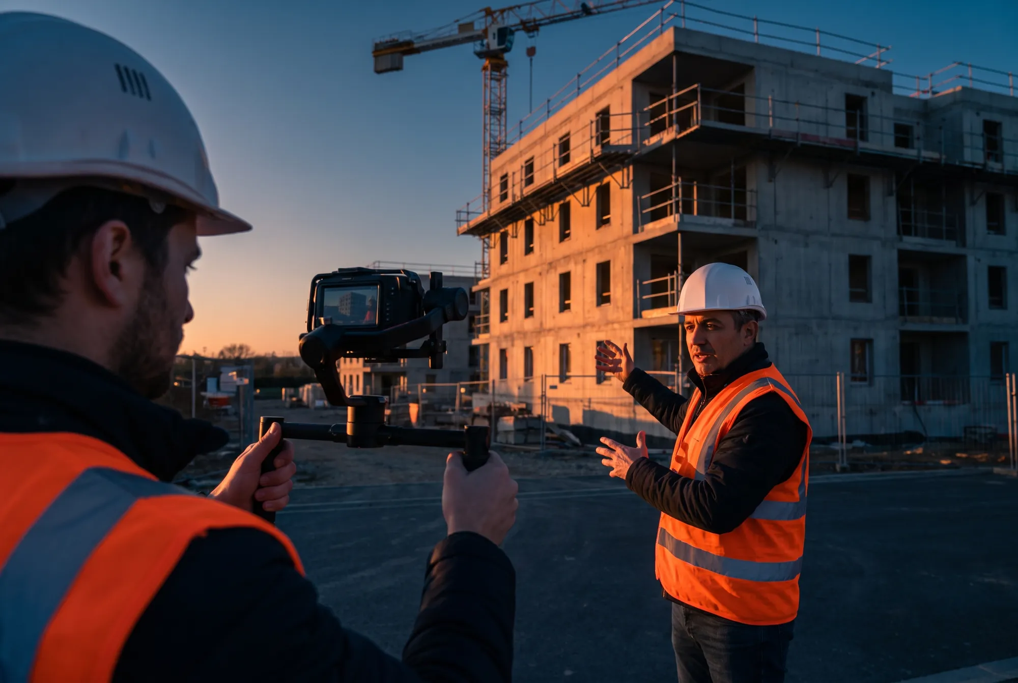 Tournage au stabilisateur d’un chef de chantier en casque et gilet qui présente un immeuble en construction au couchant