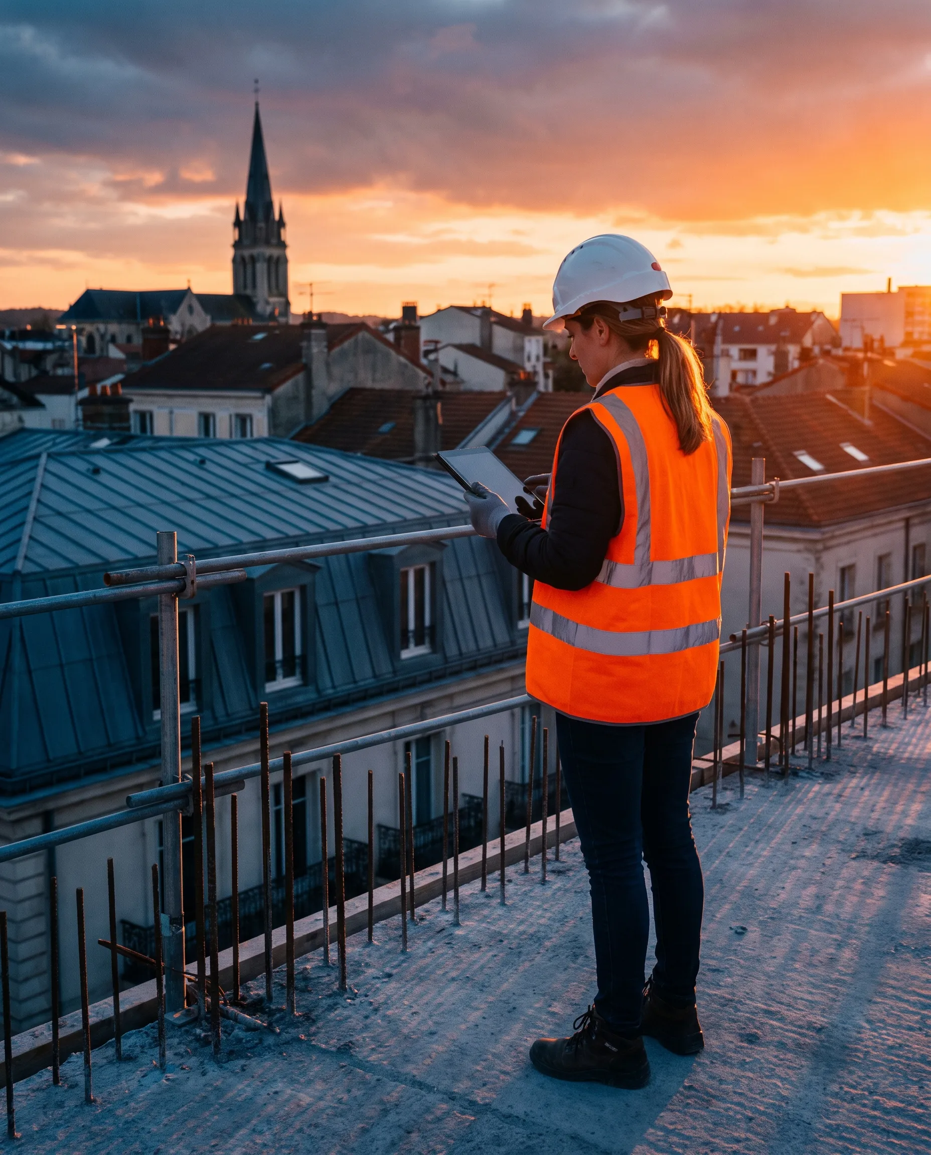 Conductrice de travaux en casque blanc consultant une tablette sur la dalle d’un immeuble en chantier, face aux toits de la ville