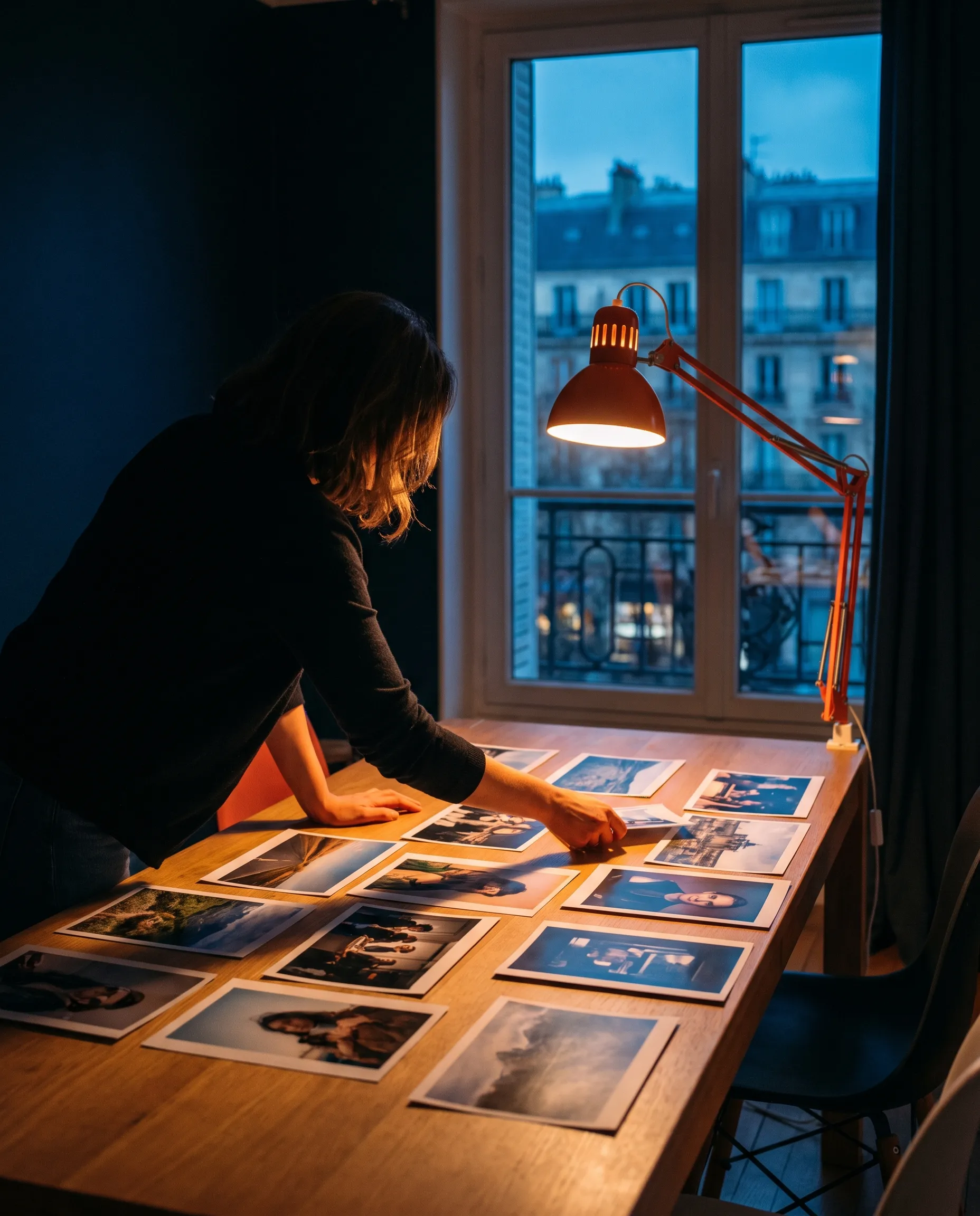 Directrice artistique penchée sur une table de tirages photo à la lumière d’une lampe d’architecte, fenêtre ouverte sur Paris