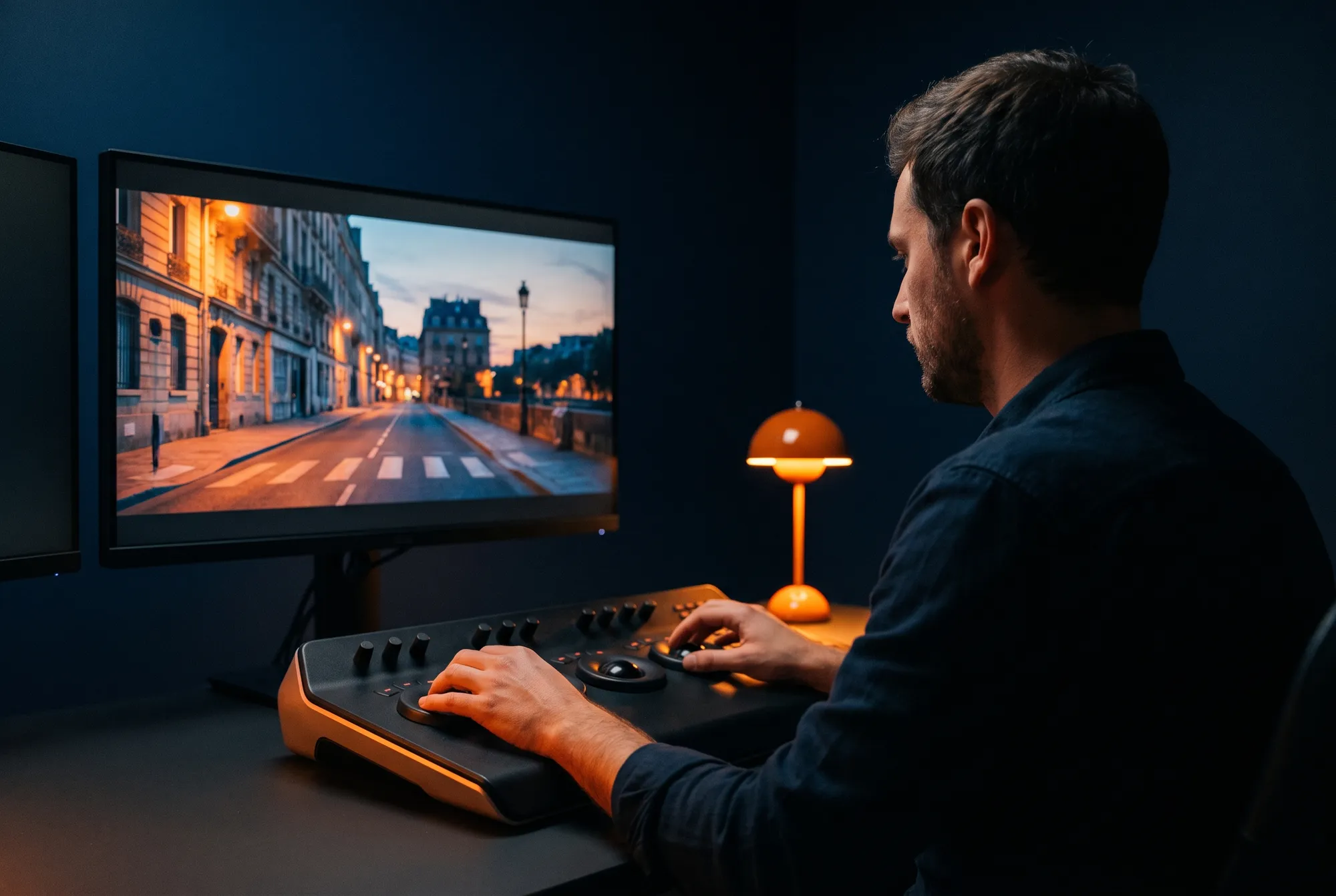 Étalonneur réglant les couleurs d’un plan de rue parisienne au crépuscule sur une console, dans une salle de post-production