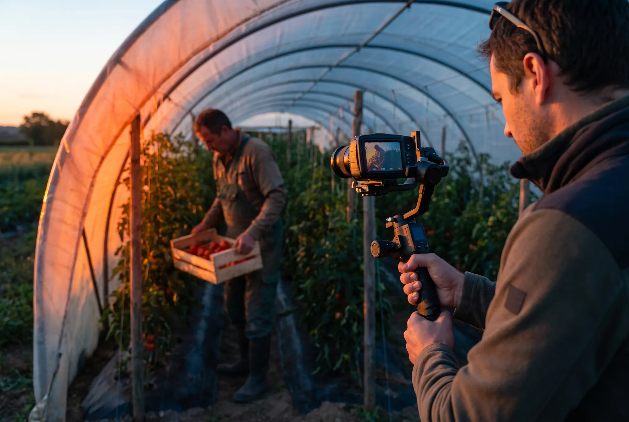 Vidéaste au stabilisateur filmant un maraîcher qui récolte des tomates dans une serre tunnel au lever du soleil