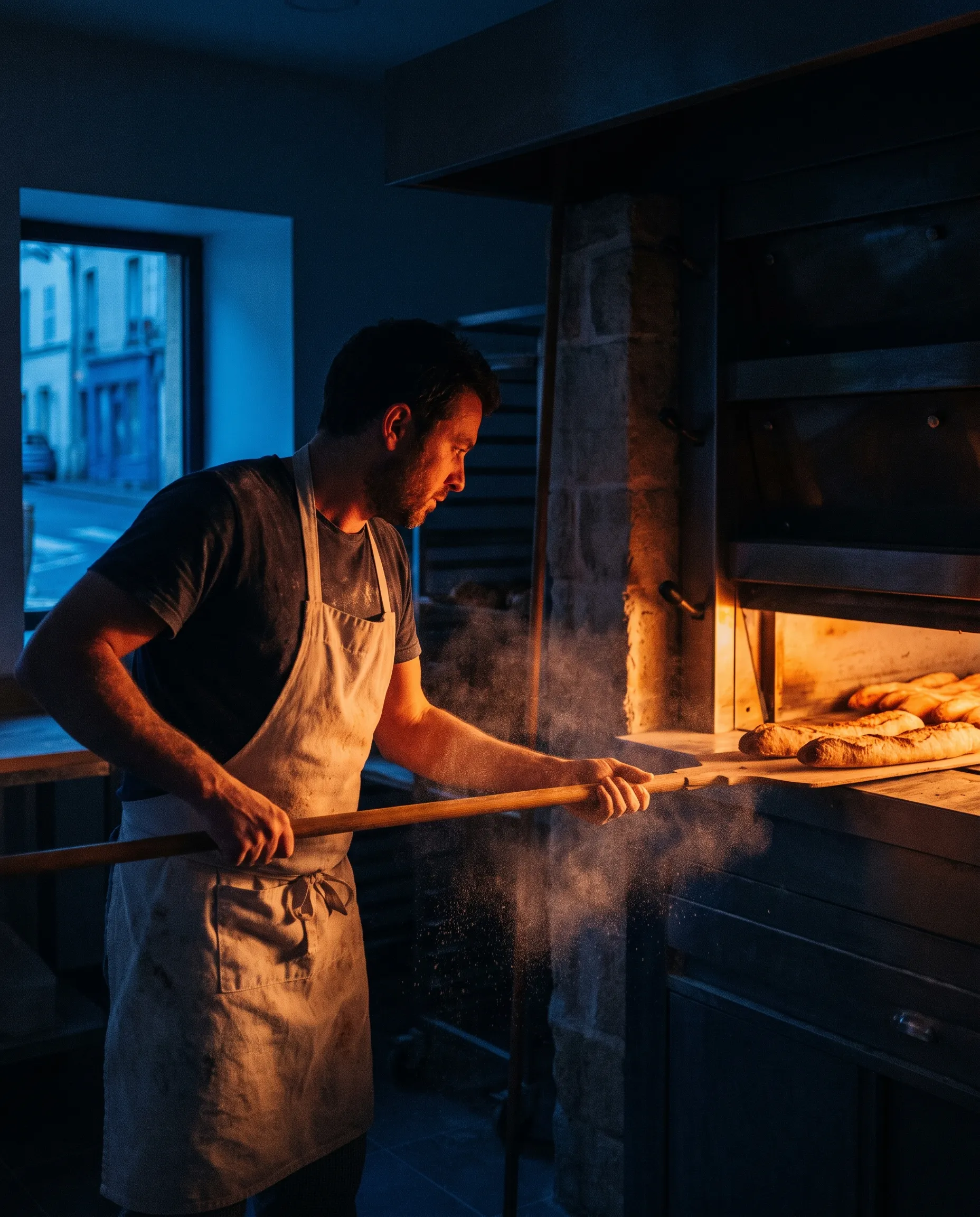 Boulanger sortant des baguettes du four à sole avec une pelle en bois, dans un fournil éclairé par la lueur du four
