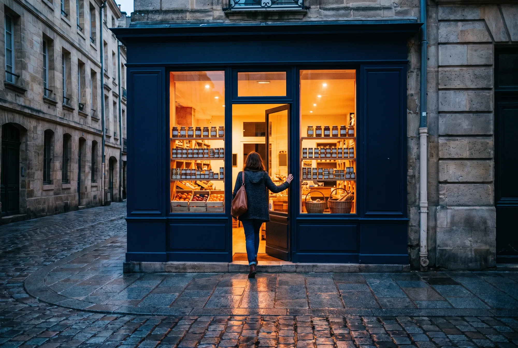 Cliente poussant la porte d’une épicerie fine à la devanture bleu nuit, vitrines éclairées dans une rue pavée à l’heure bleue