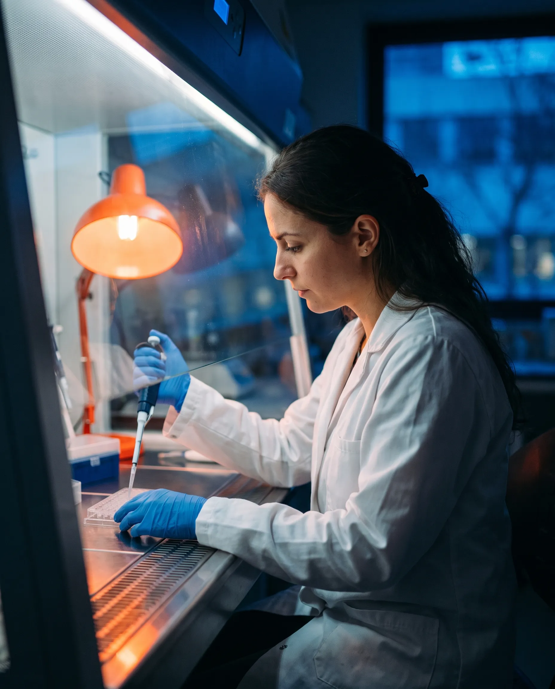 Chercheuse en blouse blanche et gants bleus qui pipette des échantillons sous une hotte de laboratoire éclairée