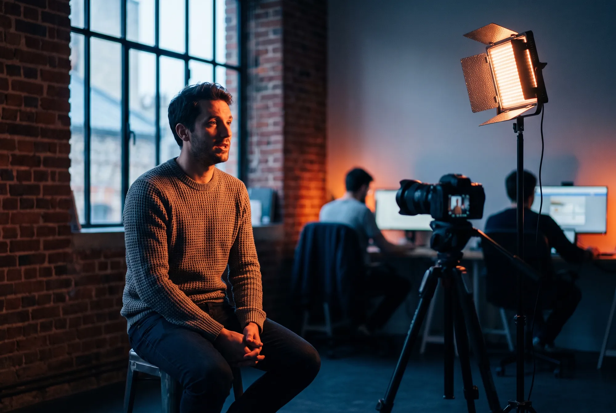 Fondateur d’une jeune entreprise répondant à une interview sur un tabouret, face à une caméra sur trépied, dans un loft en briques