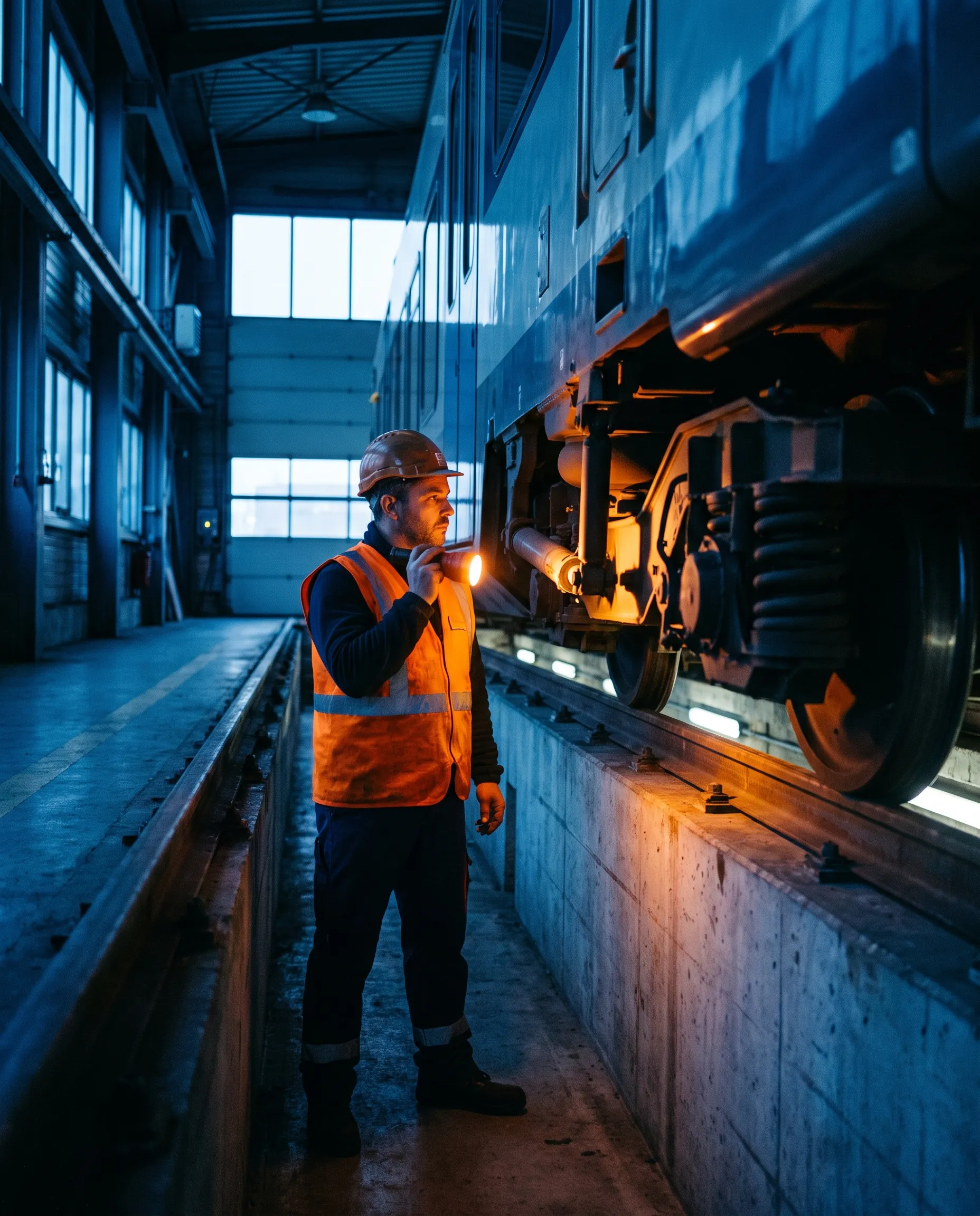 Technicien en gilet orange qui inspecte à la lampe les roues d'un train dans un atelier de maintenance ferroviaire