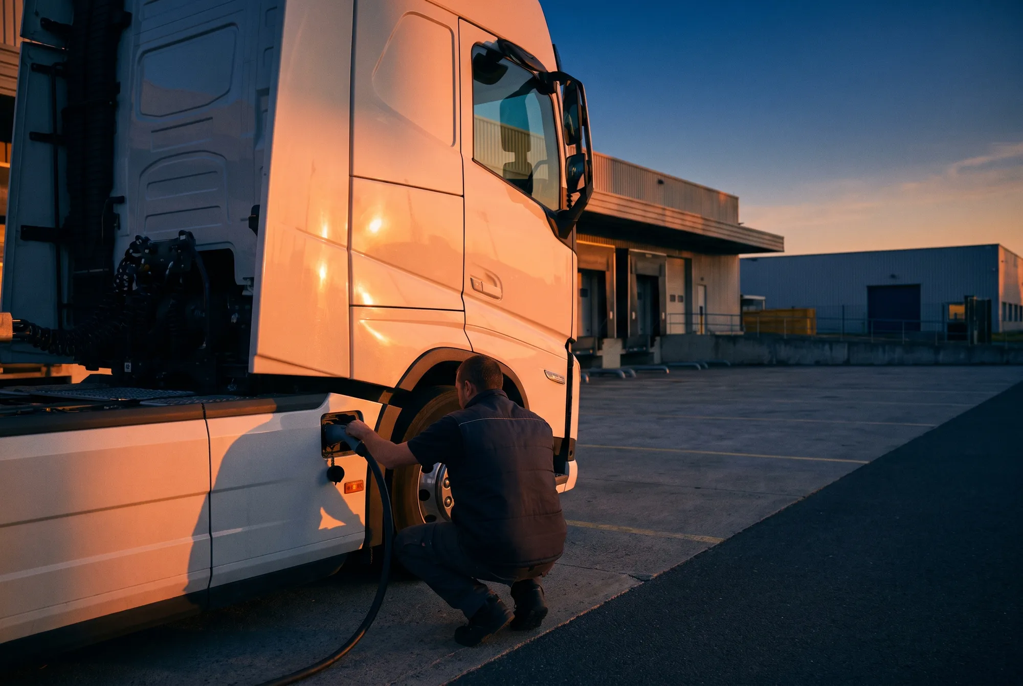 Conducteur accroupi qui vérifie la recharge d'un camion électrique sur le quai d'une plateforme logistique à l'aube