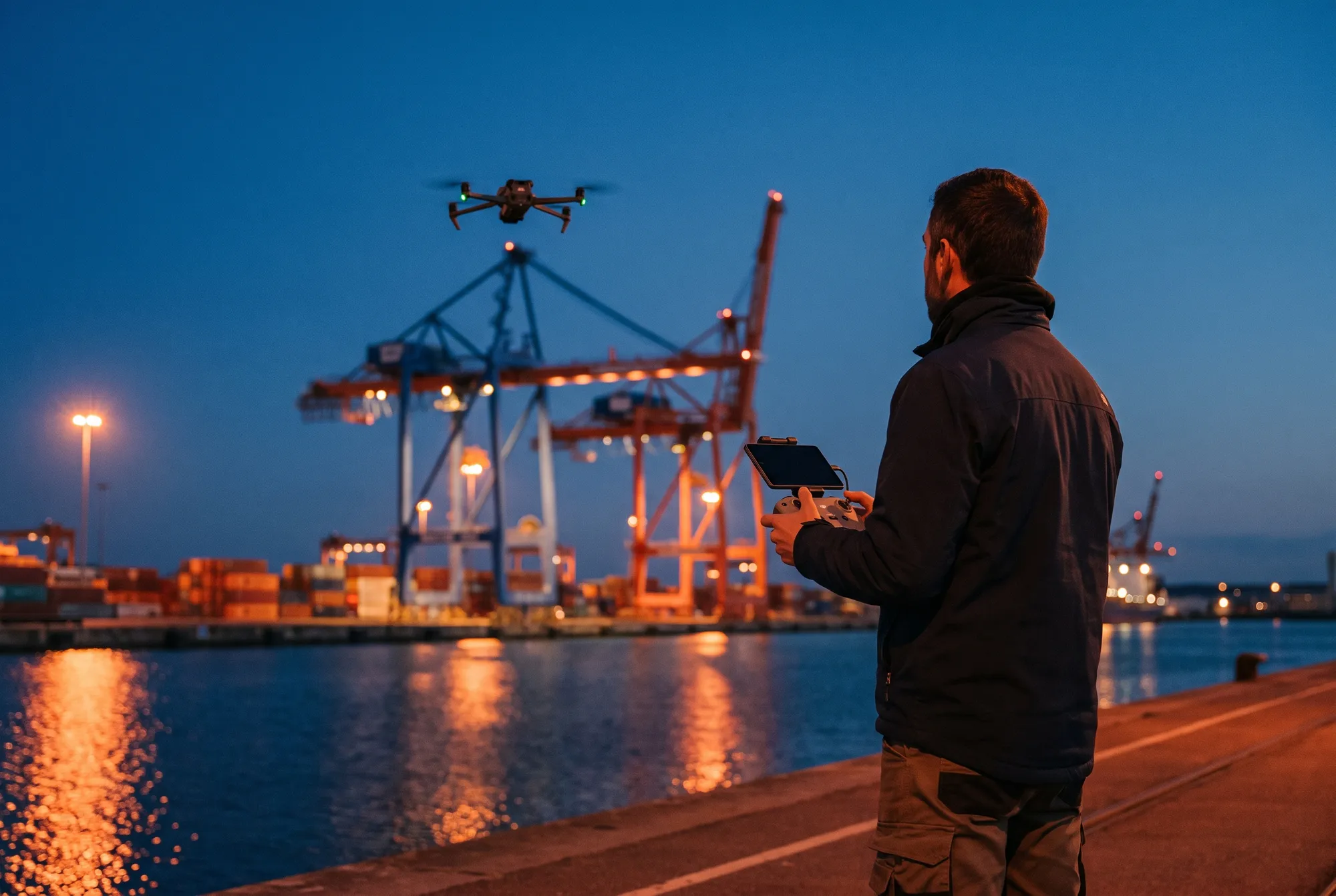 Télépilote qui fait voler un drone de prise de vue au-dessus des portiques à conteneurs d'un port au crépuscule